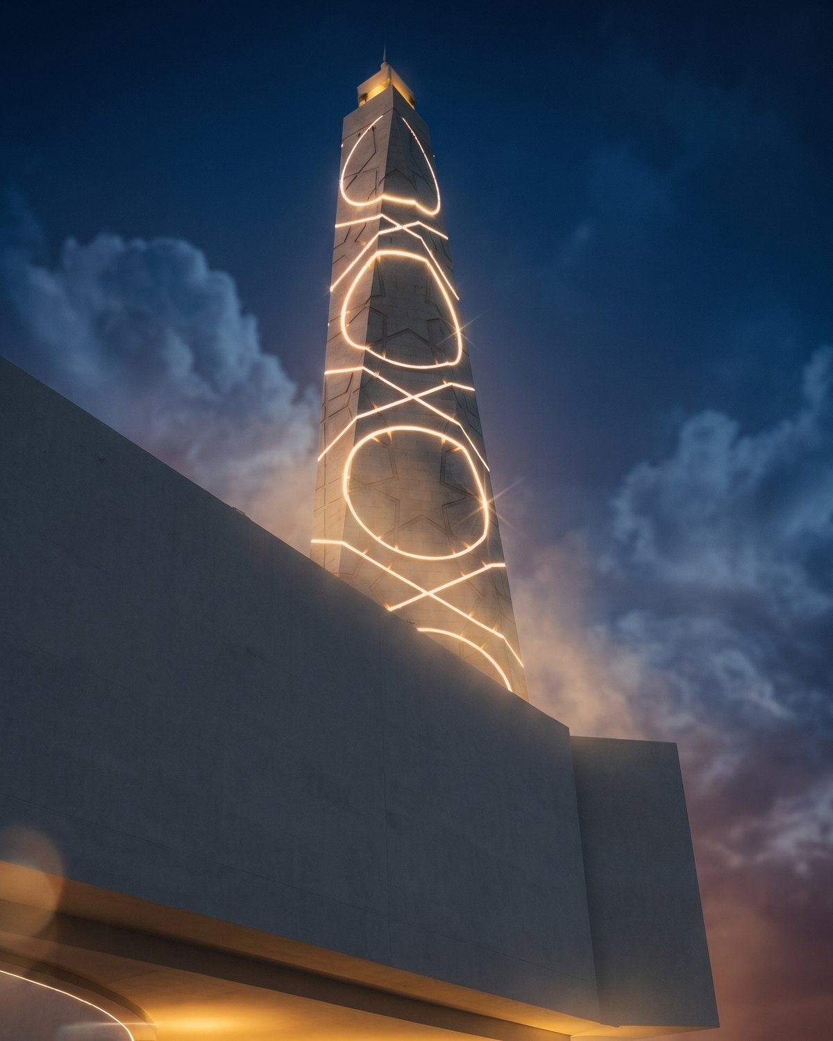 Minaret and cantilevered stone canopy at Al Irfan Mosque, Muscat, delivered by Timberworks